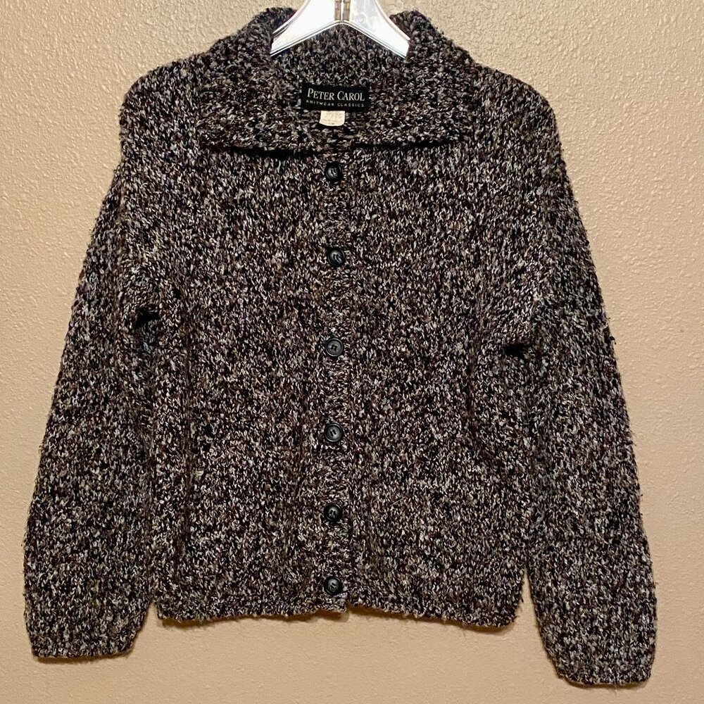 PETER CAROL Knitware Classics Blk & Wht Speckled Sweater Buttons/Collar Size S/M